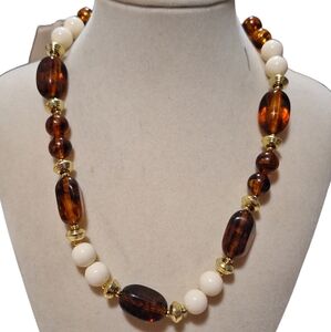 Vintage Genuine Lucite Amber Cream & Gold Beaded Necklace Made In Hong Kong 18"